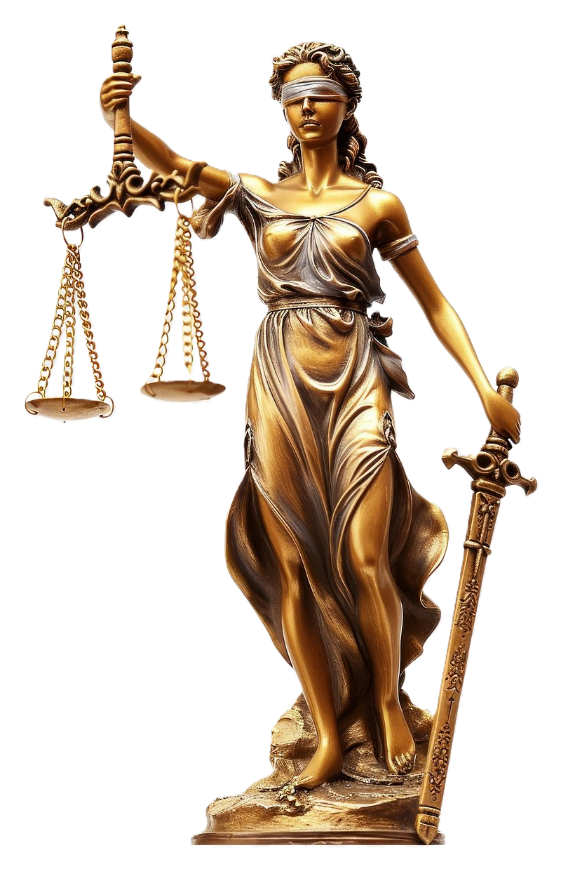 Bronze statue of Lady Justice holding the scales and sword